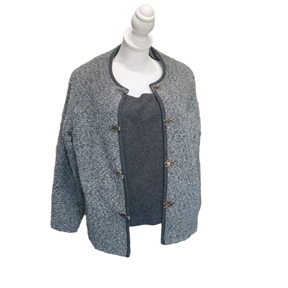 Vintage C.O. Petites Grey Cardigan with built in dark grey Tank, metal clasps